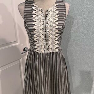 Xhilaration Gray Stripe Midi Dress with Cream Lace Panel